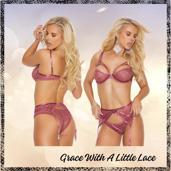 Rose Wine Lace Bra and Garter Lingerie Set - Picture 4 of 8